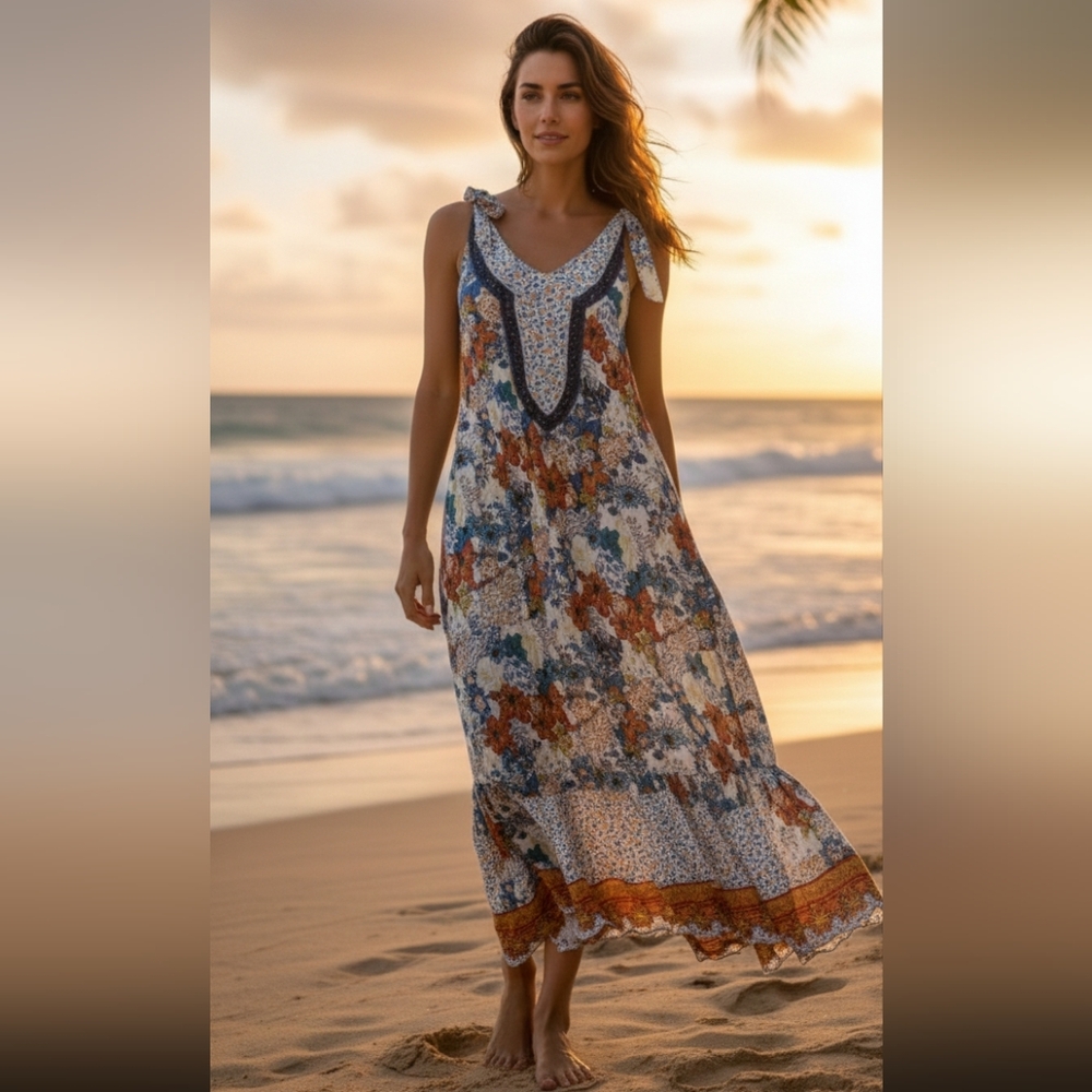 Seven Islands Rayon Floral Dress Tie Straps Maxi Midi Like New